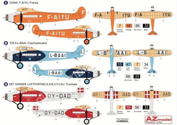 1/144 AZ model 14408 Fokker F.VIIa Civil (3x decal versions)