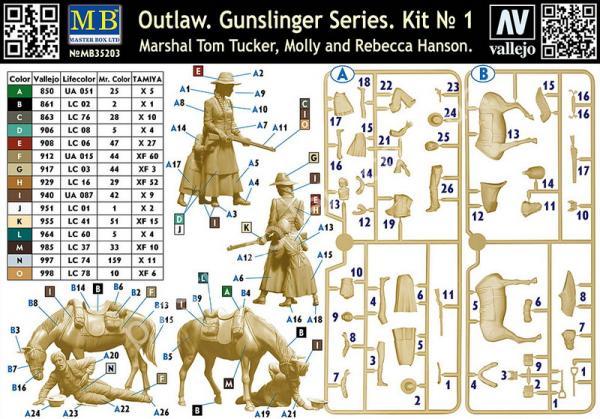 1/35 Master Box 35203 Outlow. Gunslinger series. Kit No. 1. Marshal Tom Tucker, Molly and Rebecca Hanson